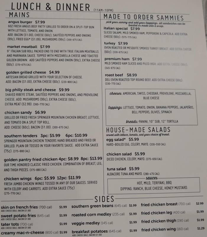 Page 2 of menu, Golden Pantry Market Athens, GA