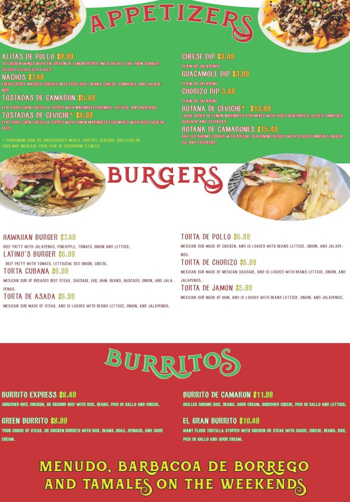 Page 1 of menu, Latino's Taqueria y Mariscos Athens, GA
