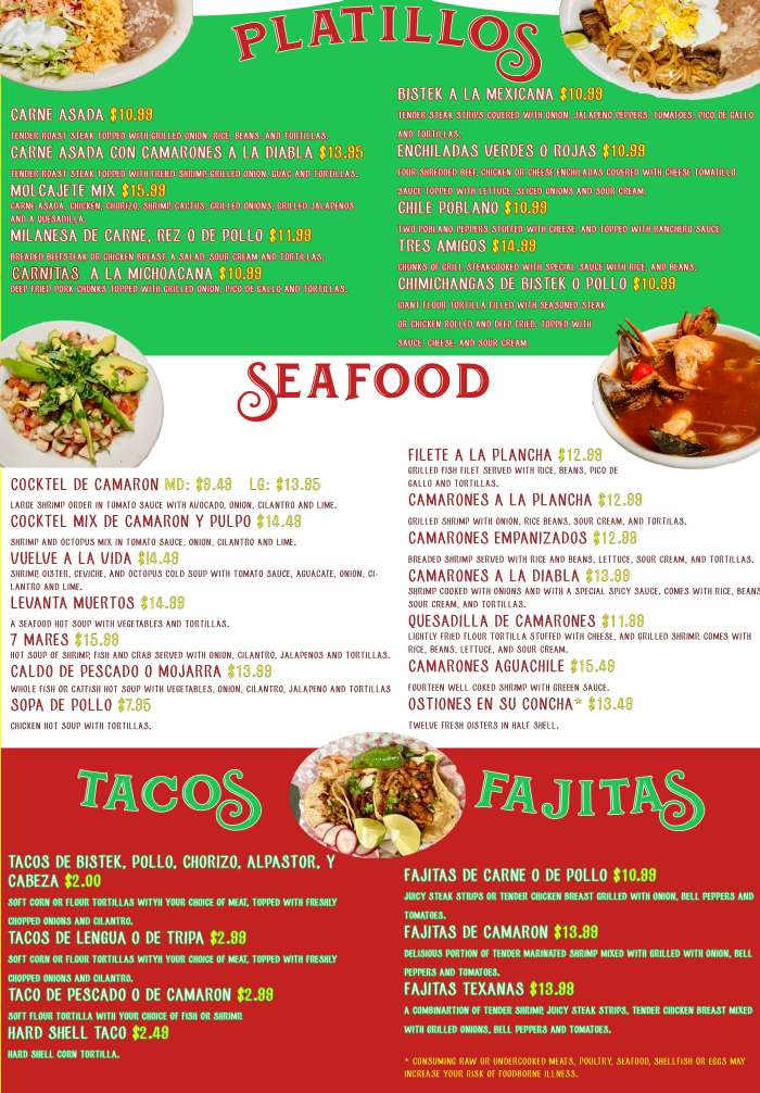Page 2 of menu, Latino's Taqueria y Mariscos Athens, GA