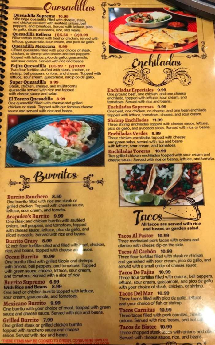 Page 1 of menu, Taco's Mexican #1 Lexington, GA