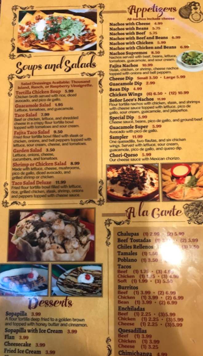Page 2 of menu, Taco's Mexican #1 Lexington, GA